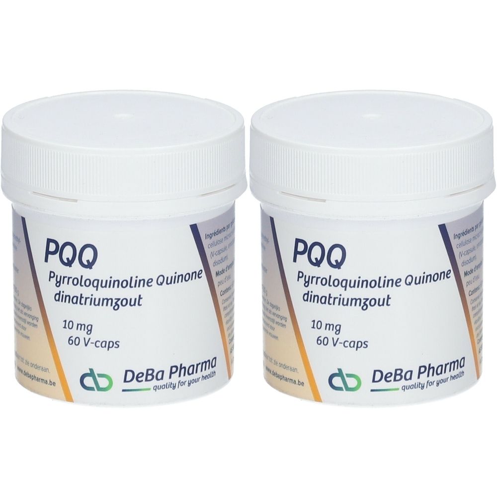 Deux pots blancs avec couvercles. Inscription PQQ, 10 mg, 60 V-caps. Marque Deba Pharma.