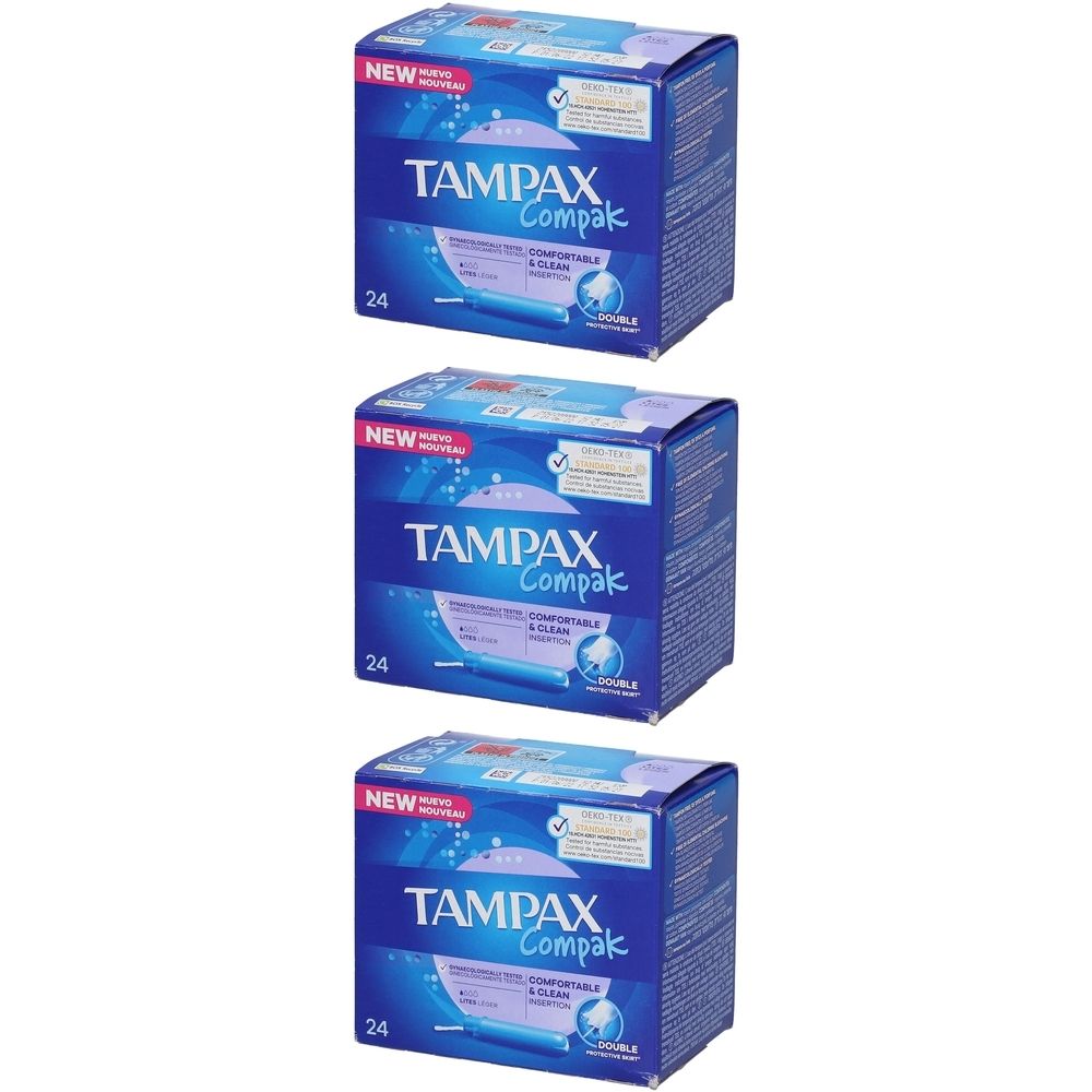 Trois boîtes TAMPAX Compak bleues, avec informations produit et inscription "24".