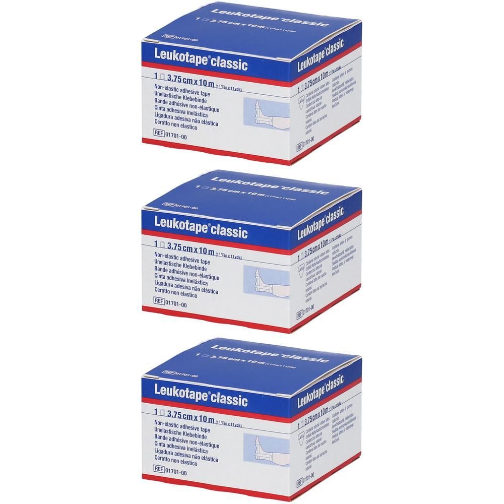 Trois boîtes de Leukotape classic, 3,75 cm x 10 m. Emballage blanc avec texte bleu et rouge.