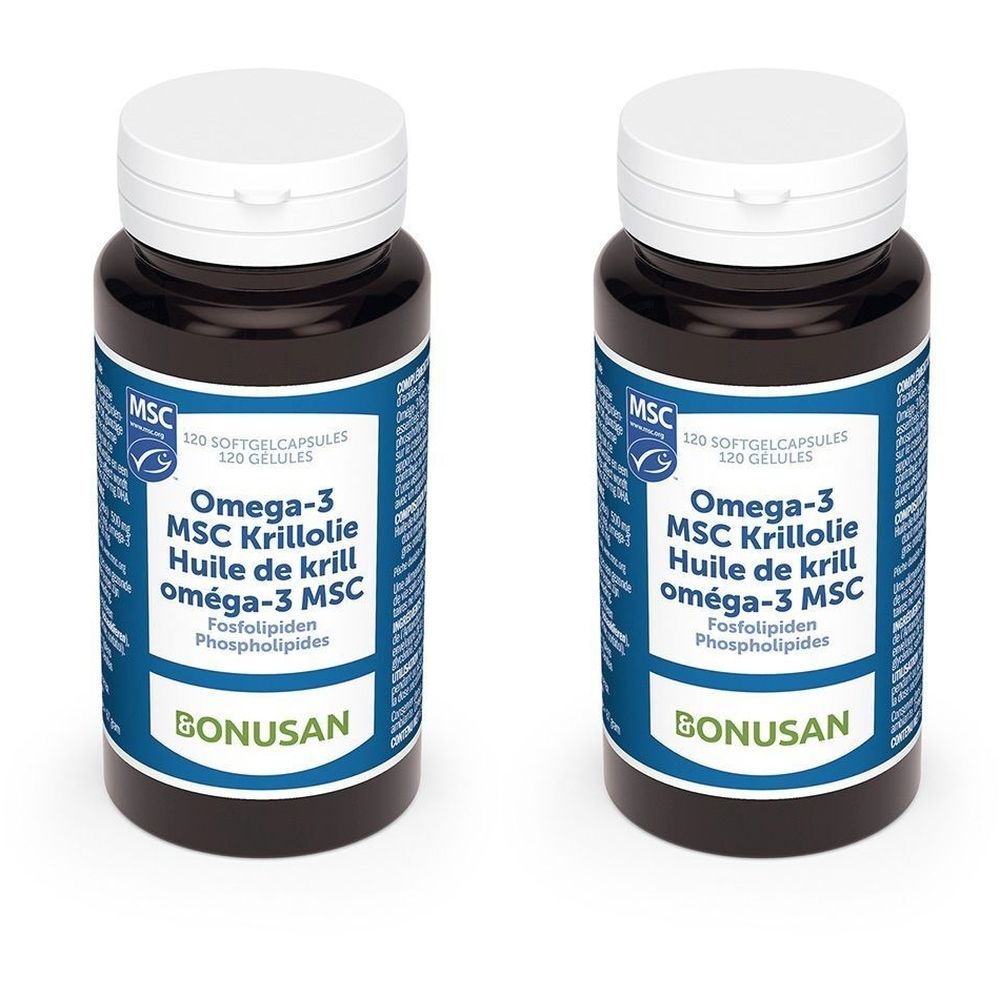 Deux flacons de gélules BONUSAN Oméga-3 MSC Huile de Krill. Étiquettes bleues, texte blanc. Certification MSC.