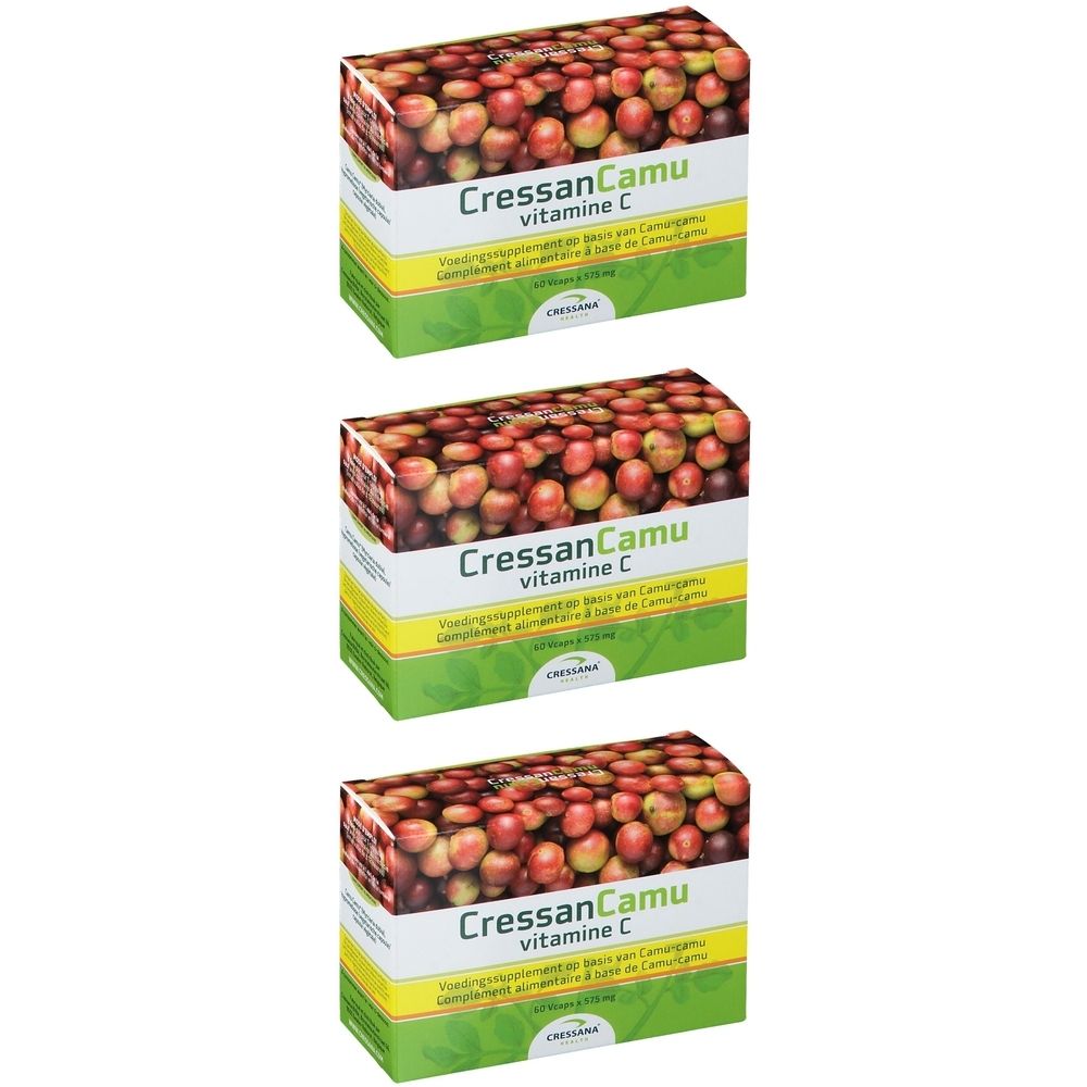 Trois boîtes de CressanCamu Vitamine C. Emballage jaune avec nom du produit et texte. Illustration de fruits de camu camu.