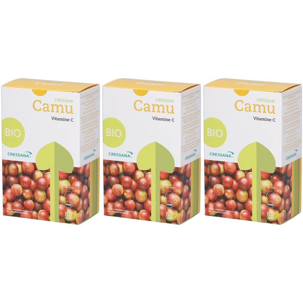 Trois paquets de CressanCamu Vitamine C illustrés de fruits de camu-camu.