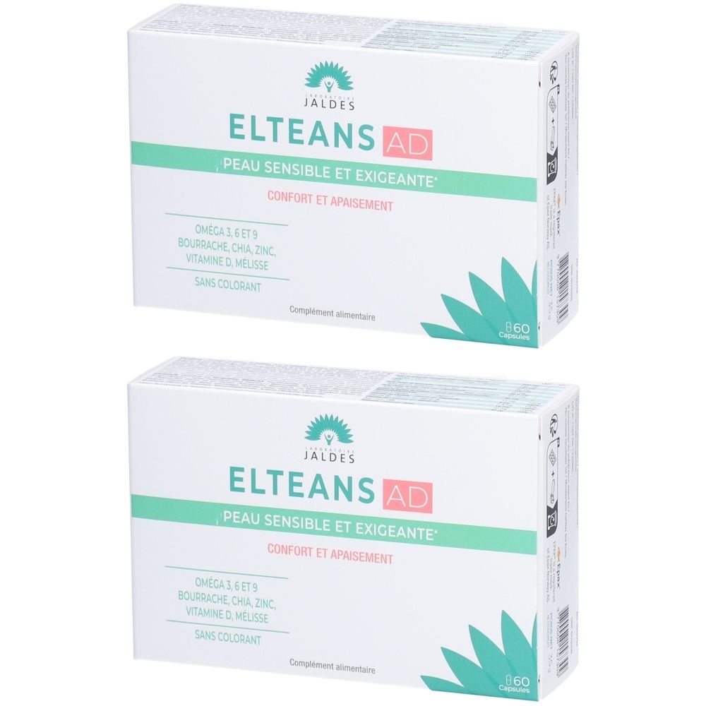 Deux boîtes blanches avec "ELTEANS AD". Texte : "Peau sensible et exigeante". Inscription : "60 Capsules".