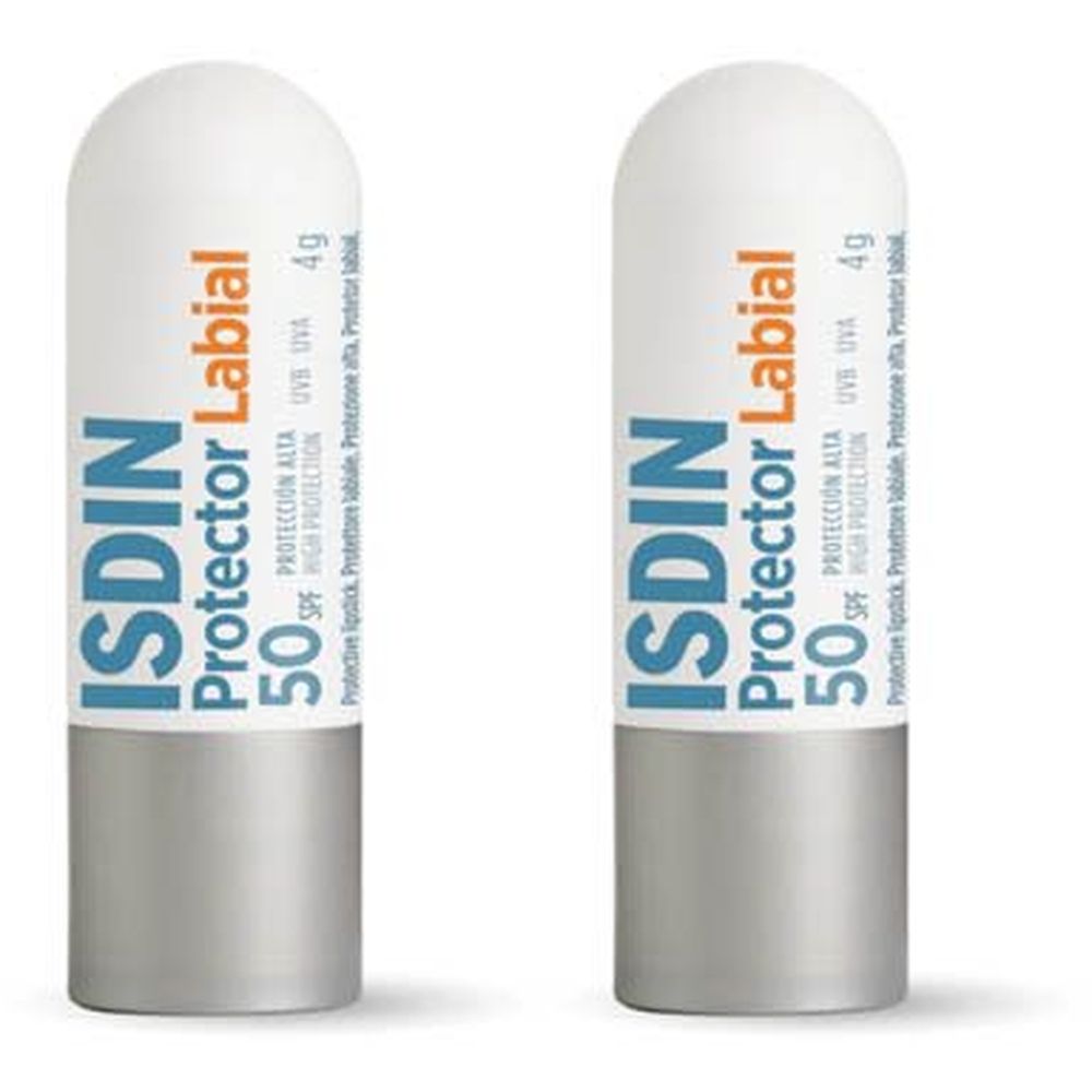 Deux sticks à lèvres ISDIN Protector Labial SPF50+ blancs, base argentée, texte bleu/orange. Protection solaire très haute.