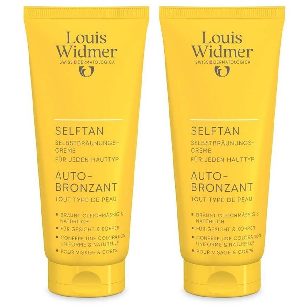 Deux tubes jaunes LOUIS WIDMER Auto-Bronzant. Inscription: SelfTan, crème autobronzante, pour tous types de peau. Logo et nom du produit.