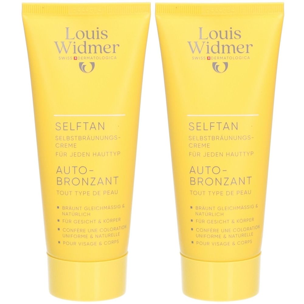 Deux tubes jaunes LOUIS WIDMER Auto-Bronzant. Inscription: SelfTan, crème autobronzante, pour tous types de peau. Logo et nom du produit.