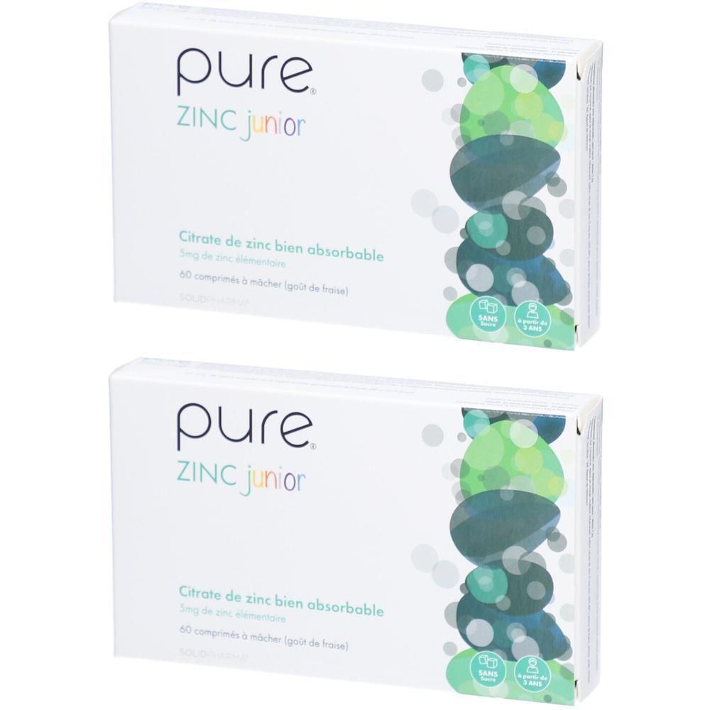 Deux boîtes blanches avec le logo "pure ZINC junior". Inscription: Citrate de zinc bien absorbable. 60 comprimés à mâcher.