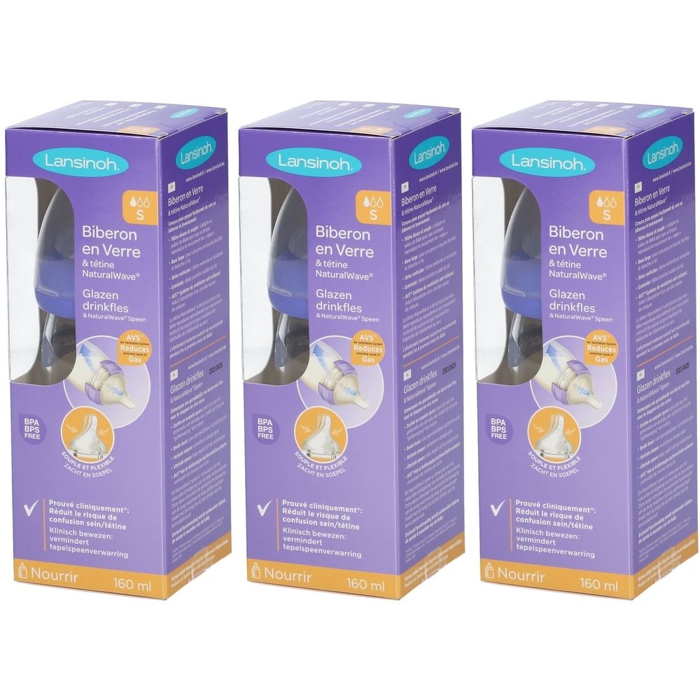 Trois boîtes de biberons en verre Lansinoh NaturalWave. Emballage violet avec fenêtre, 160 ml.