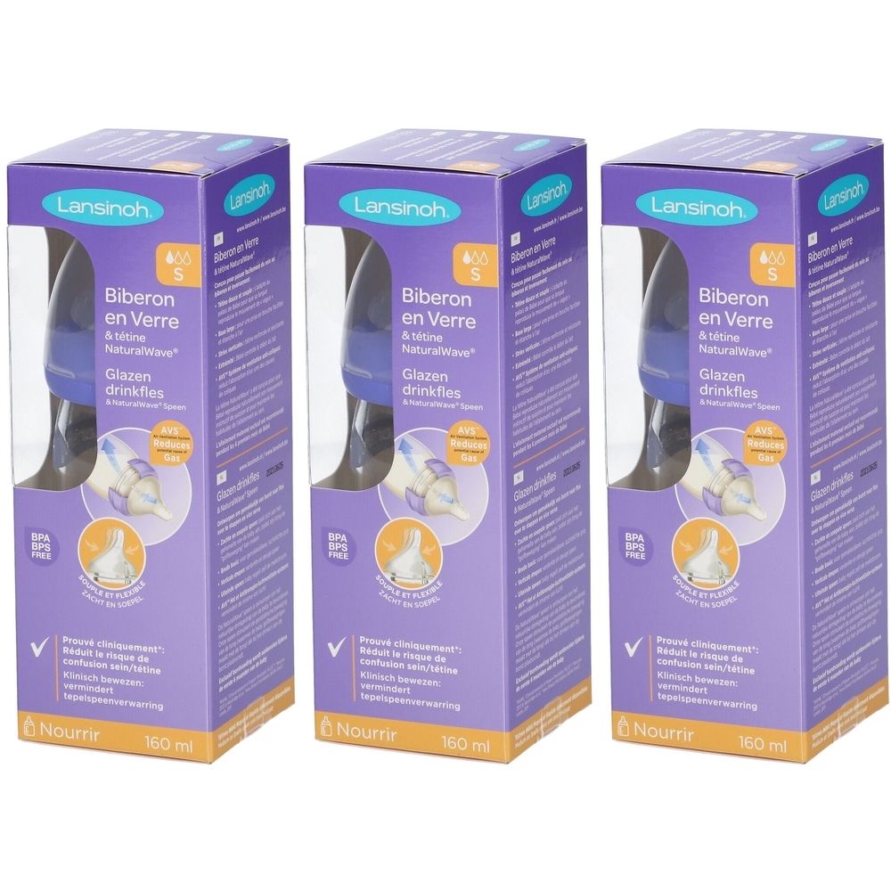 Trois boîtes de biberons en verre Lansinoh NaturalWave. Emballage violet avec fenêtre, 160 ml.