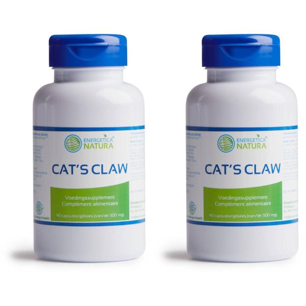 Deux flacons blancs à bouchons bleus. Inscription: CAT'S CLAW, ENERGETICA NATURA. 90 gélules, 500 mg.