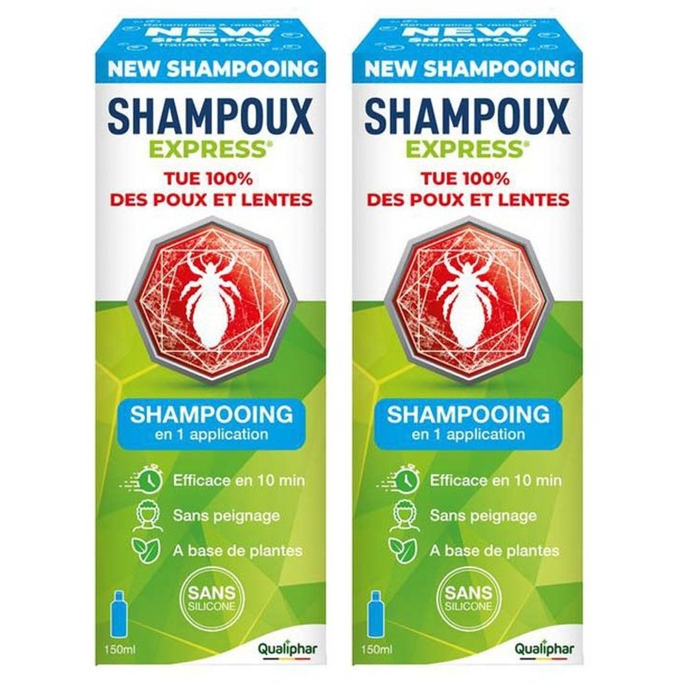 Deux boîtes de shampooing. Inscription: NEW SHAMPOOING, SHAMPOUX EXPRESS, tue 100% des poux et lentes. Logo et texte en français.