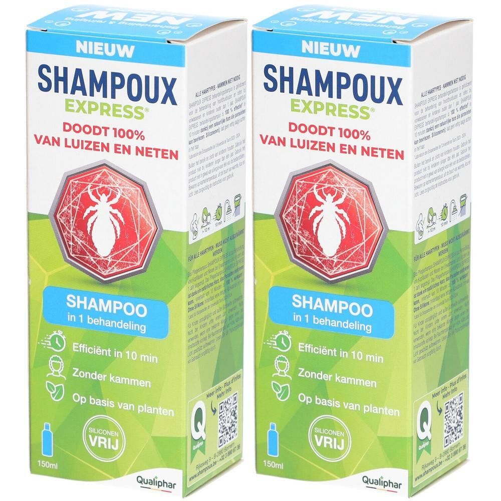 Deux boîtes de shampooing vert et blanc. Inscription: SHAMPOUX EXPRESS, tue 100% des poux et lentes. Logo et texte en néerlandais.
