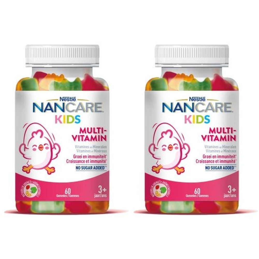Deux flacons de Nestlé NANCARE KIDS Multi-vitamines. Chaque flacon contient 60 gommes. Inscription : Multi-vitamines, 3+ ans.
