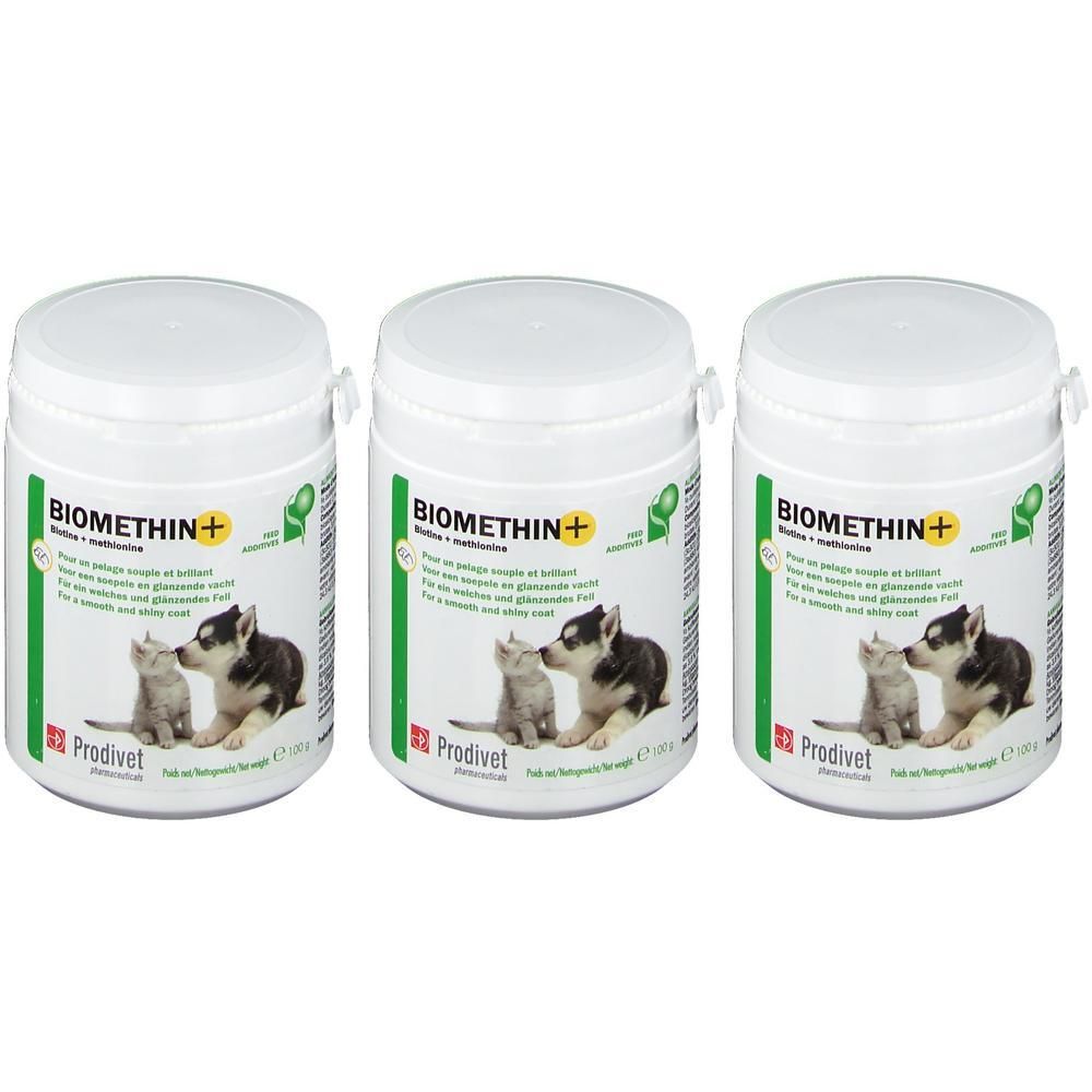 Trois boîtes blanches avec couvercles. Inscription BIOMETHIN+ et image chien et chat. Logo Prodivet.