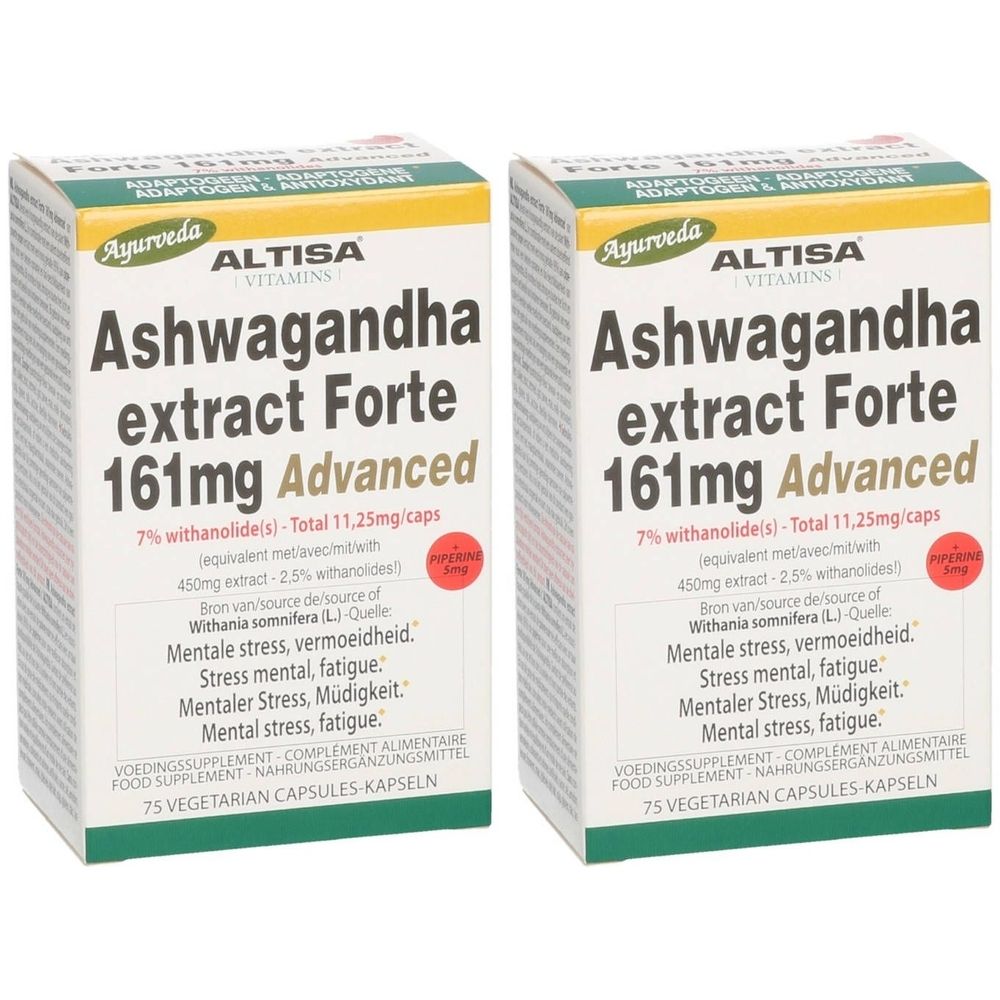 Deux boîtes de ALTISA Ashwagandha Extract Forte. Texte: Ashwagandha extract Forte 161mg Advanced. 75 capsules.