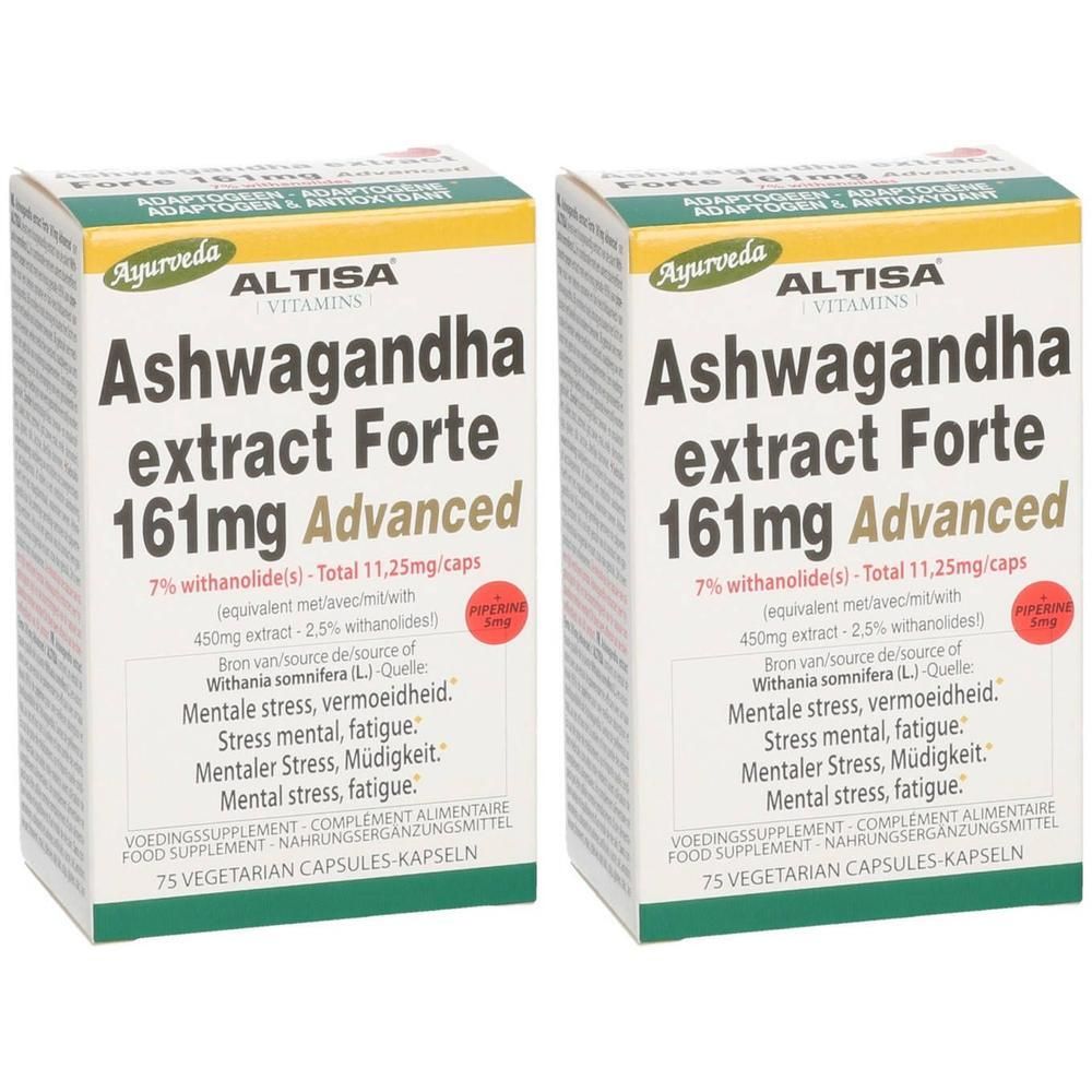 Deux boîtes de ALTISA Ashwagandha Extract Forte. Texte: Ashwagandha extract Forte 161mg Advanced. 75 capsules.