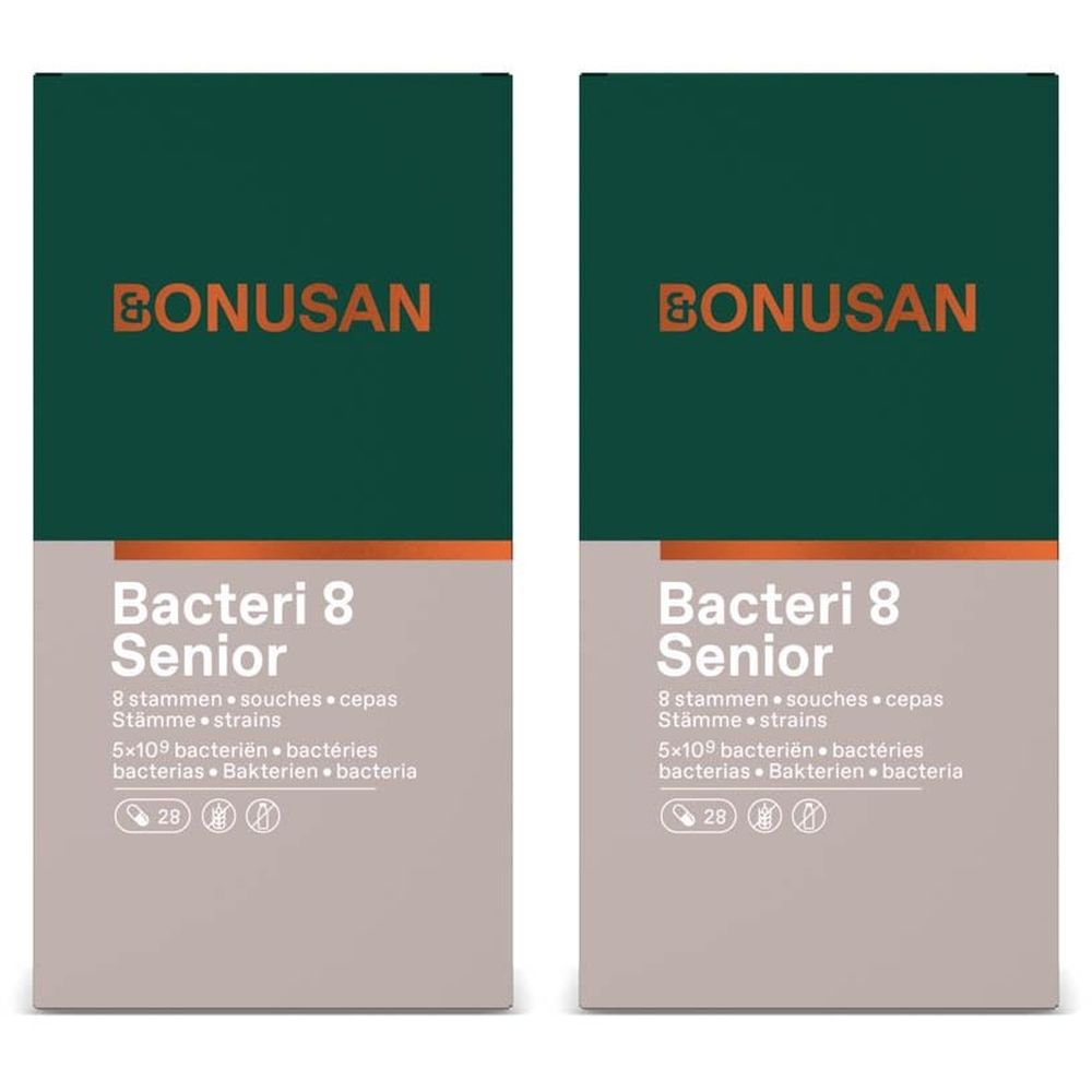 Emballage de BONUSAN Bacteri 8 Senior. Boîte verte et grise avec nom et logo du produit. Contient 28 gélules.