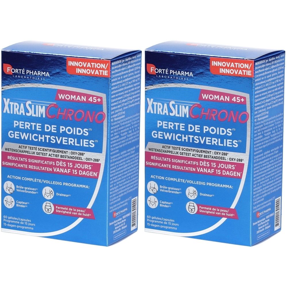 Deux boîtes bleues "XtraSlim Chrono Woman 45+". Contient des gélules. Marque : Forté Pharma.