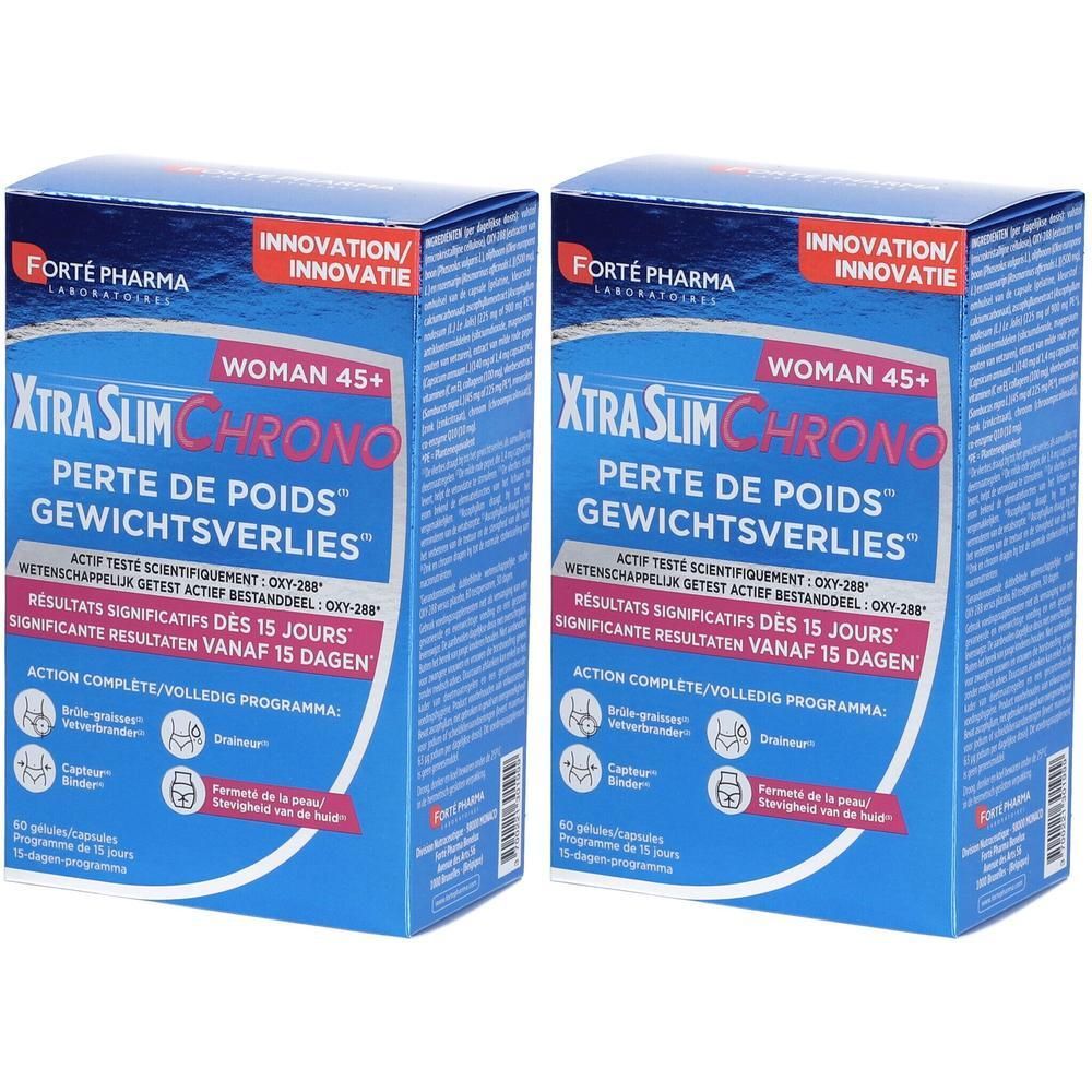 Deux boîtes bleues "XtraSlim Chrono Woman 45+". Contient des gélules. Marque : Forté Pharma.