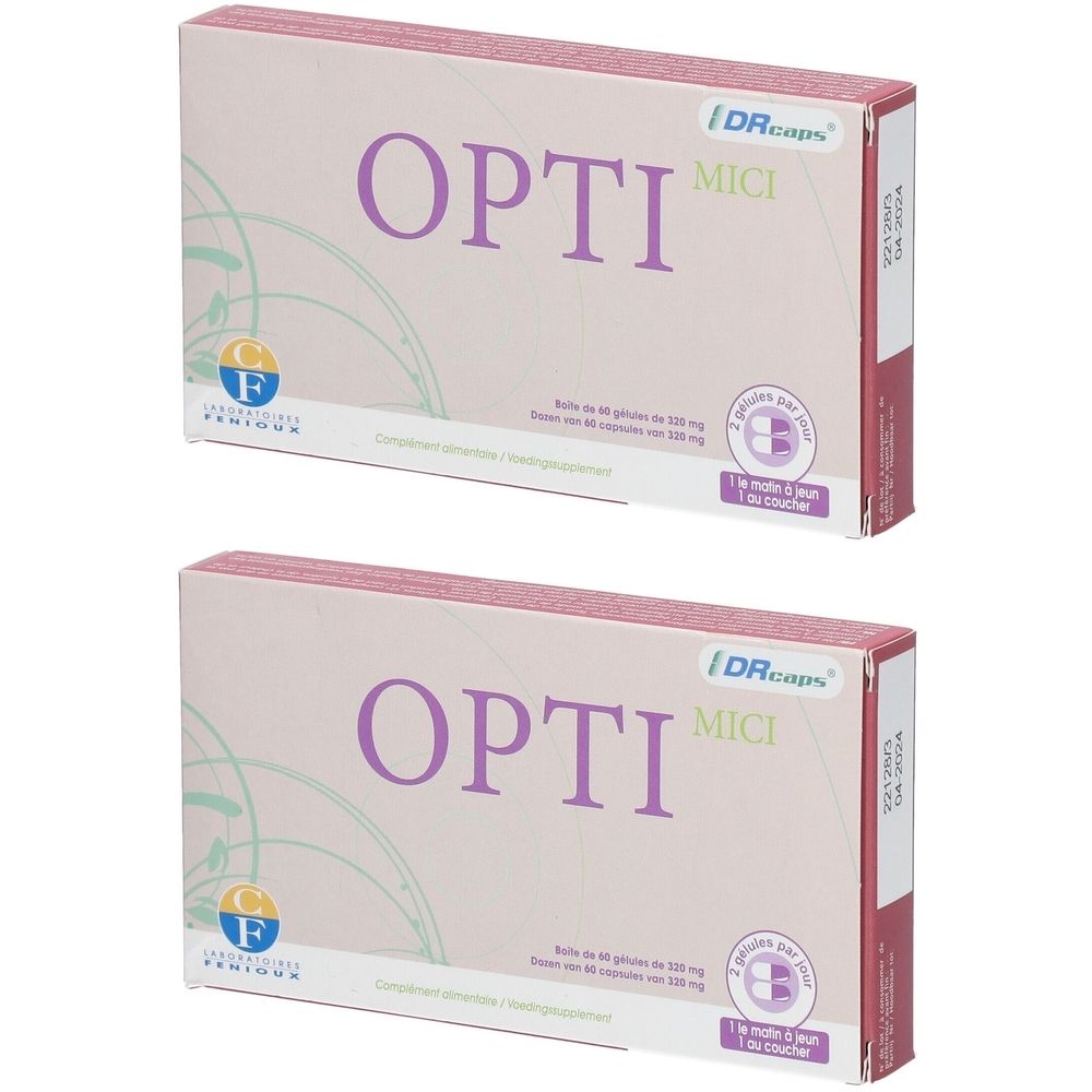 Deux boîtes rectangulaires avec le texte OPTI MICI. Logos et texte multilingue sur chaque boîte.