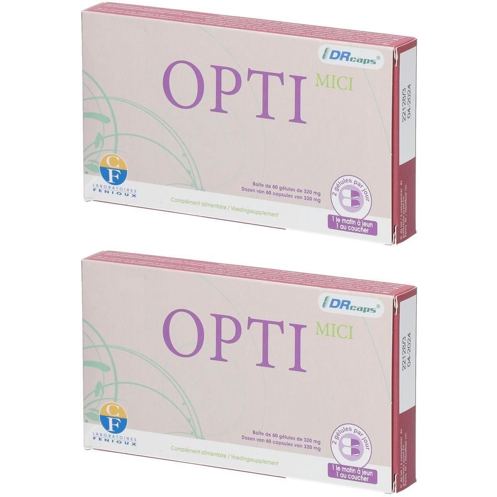 Deux boîtes rectangulaires avec le texte OPTI MICI. Logos et texte multilingue sur chaque boîte.