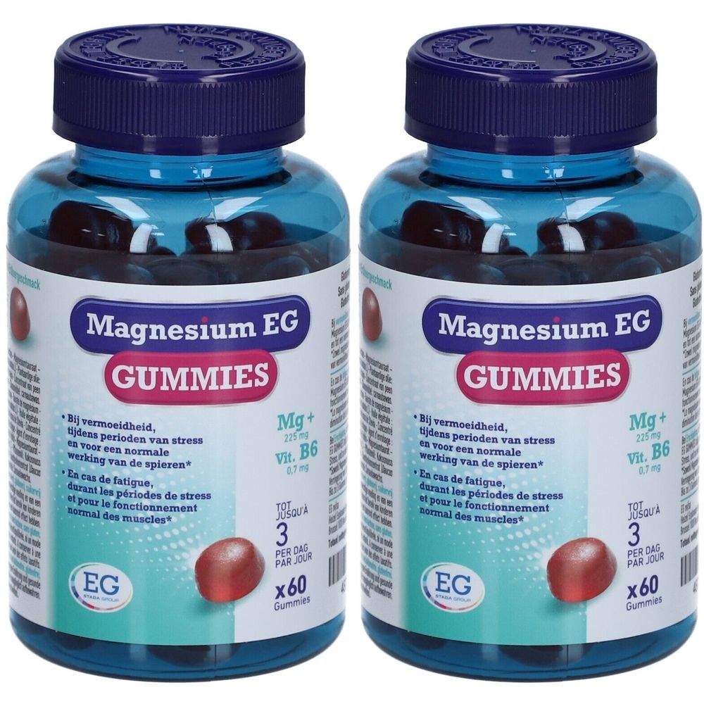 Deux flacons de EG Magnesium Gummies. Bouchons bleus, contenants transparents avec gommes rouges. Inscription: Magnesium EG Gummies.