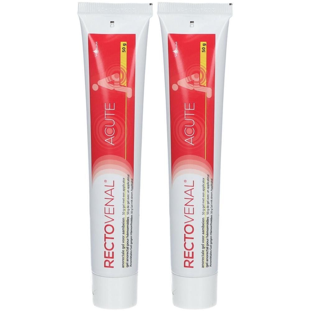 Deux tubes de Rectovenal® Acute Gel. Emballage rouge et blanc avec nom et logo du produit. "50 g" en haut.