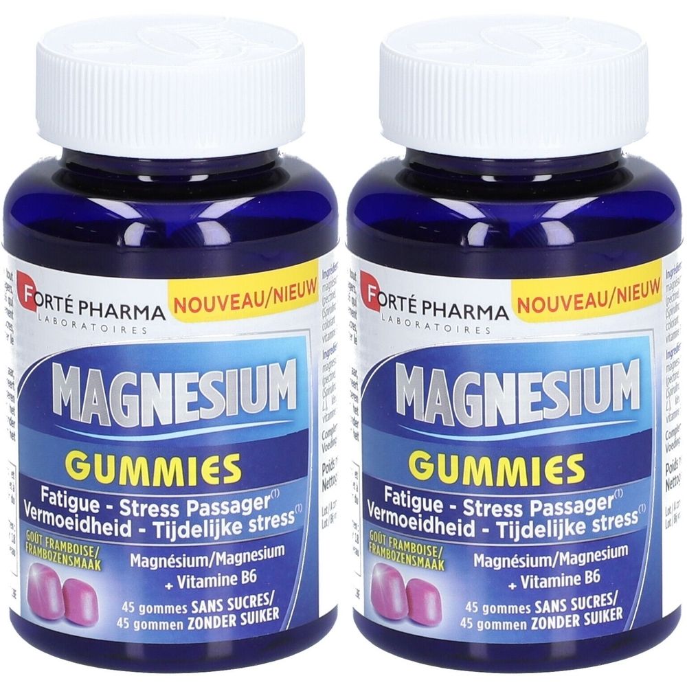 Deux flacons de Magnesium Gummies. Flacons bleus, bouchons blancs. Inscription: Magnesium Gummies, Fatigue-Stress Passager, Vitamine B6.