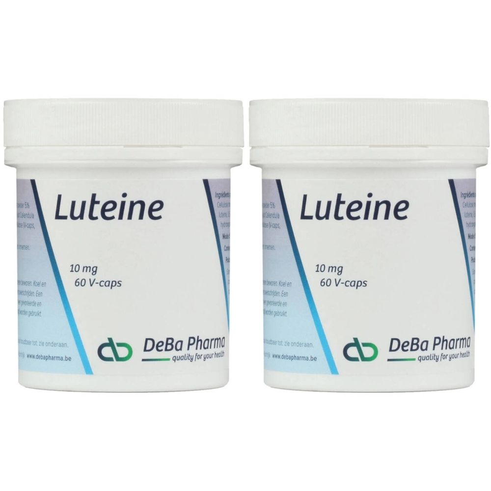 Deux boîtes blanches avec "Luteine" écrit dessus. Inscription : 10 mg, 60 V-caps. Marque : DeBa Pharma.