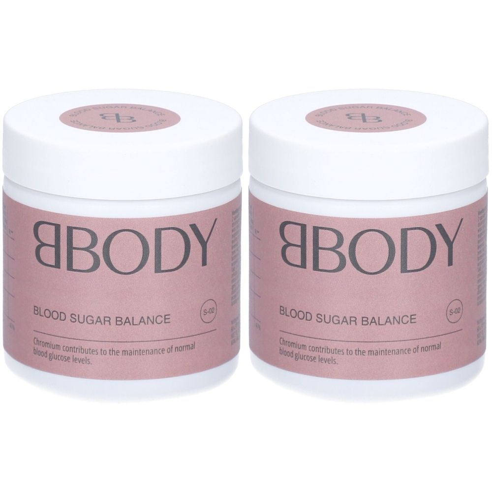 Deux pots blancs avec étiquettes roses. Inscription: BBODY, équilibre glycémique. Informations nutritionnelles.