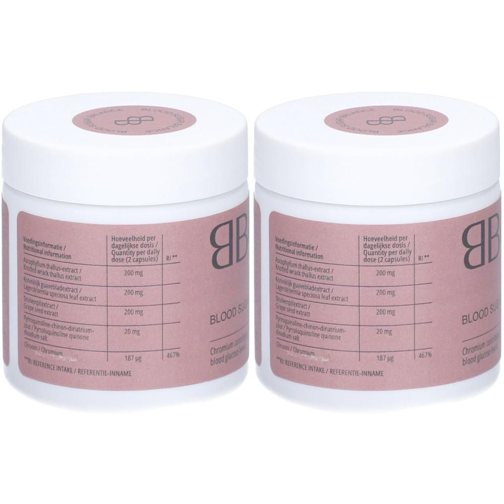 Deux pots blancs avec étiquettes roses. Inscription: BBODY, équilibre glycémique. Informations nutritionnelles.