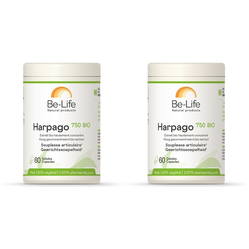 Deux flacons blancs avec étiquettes. Inscription : Be-Life Harpago 750 BIO. 60 gélules. Logo vert et orange.
