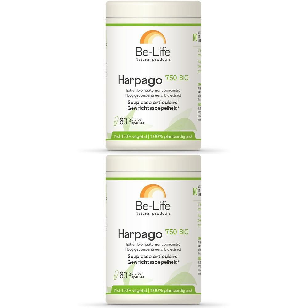 Deux flacons blancs avec étiquettes. Inscription : Be-Life Harpago 750 BIO. 60 gélules. Logo vert et orange.