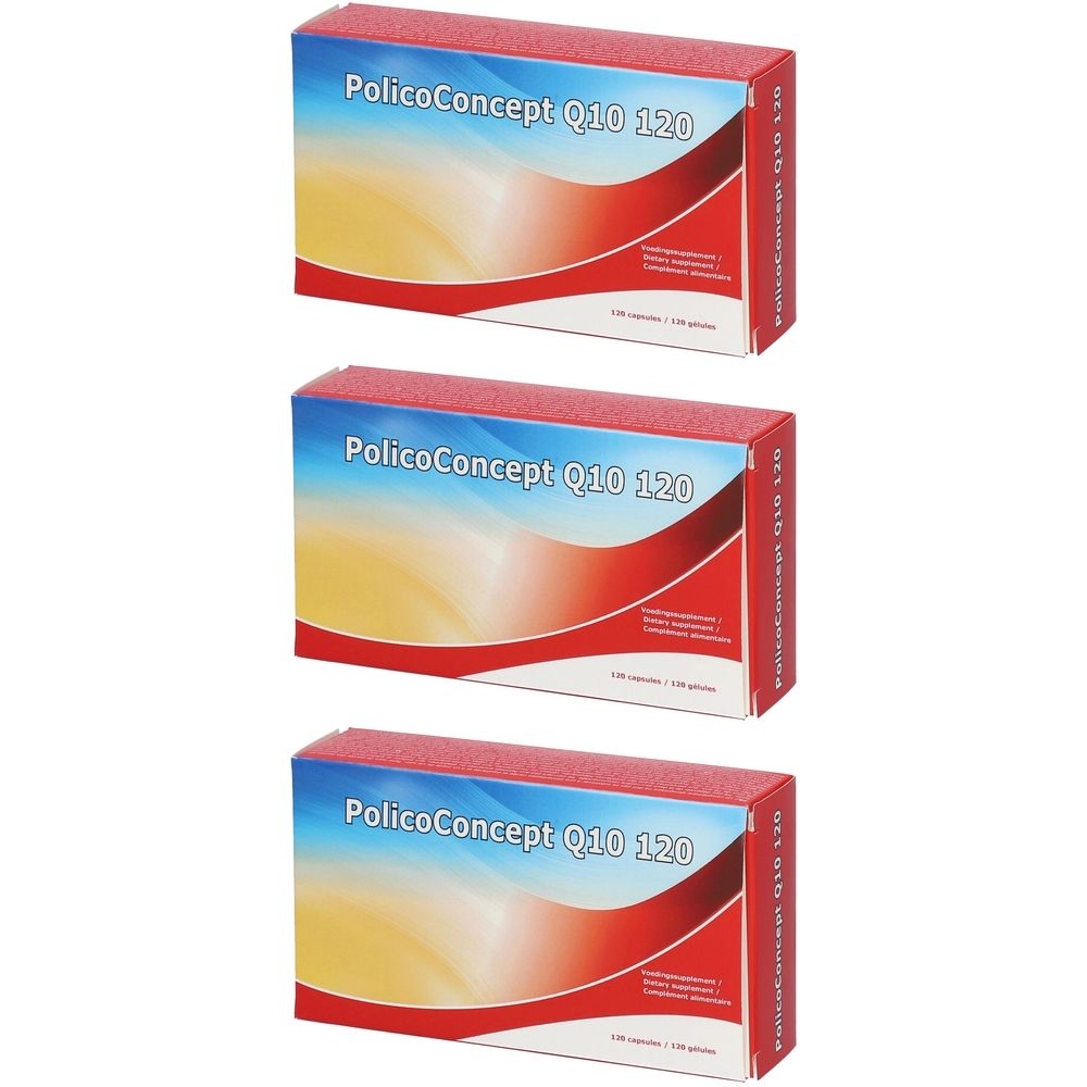 Trois boîtes de Policoconcept Q10 120. Emballage rouge, blanc et bleu avec nom et informations.