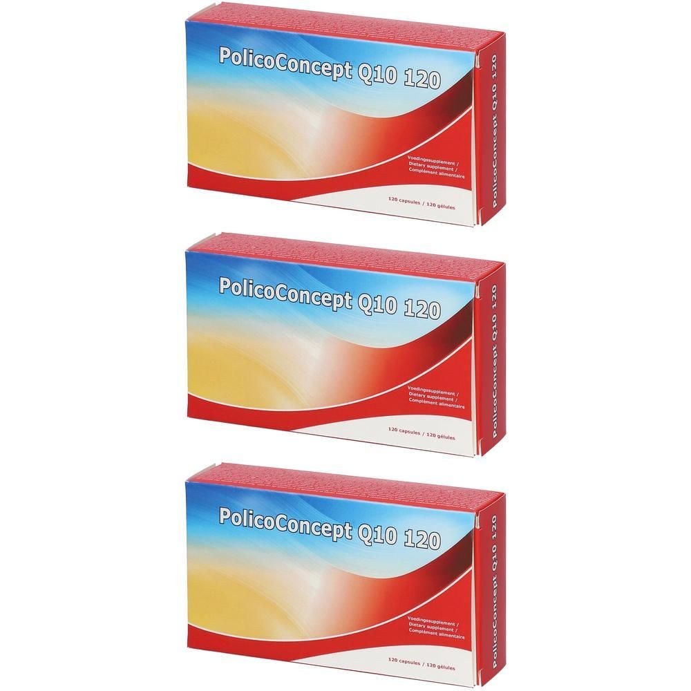 Trois boîtes de Policoconcept Q10 120. Emballage rouge, blanc et bleu avec nom et informations.