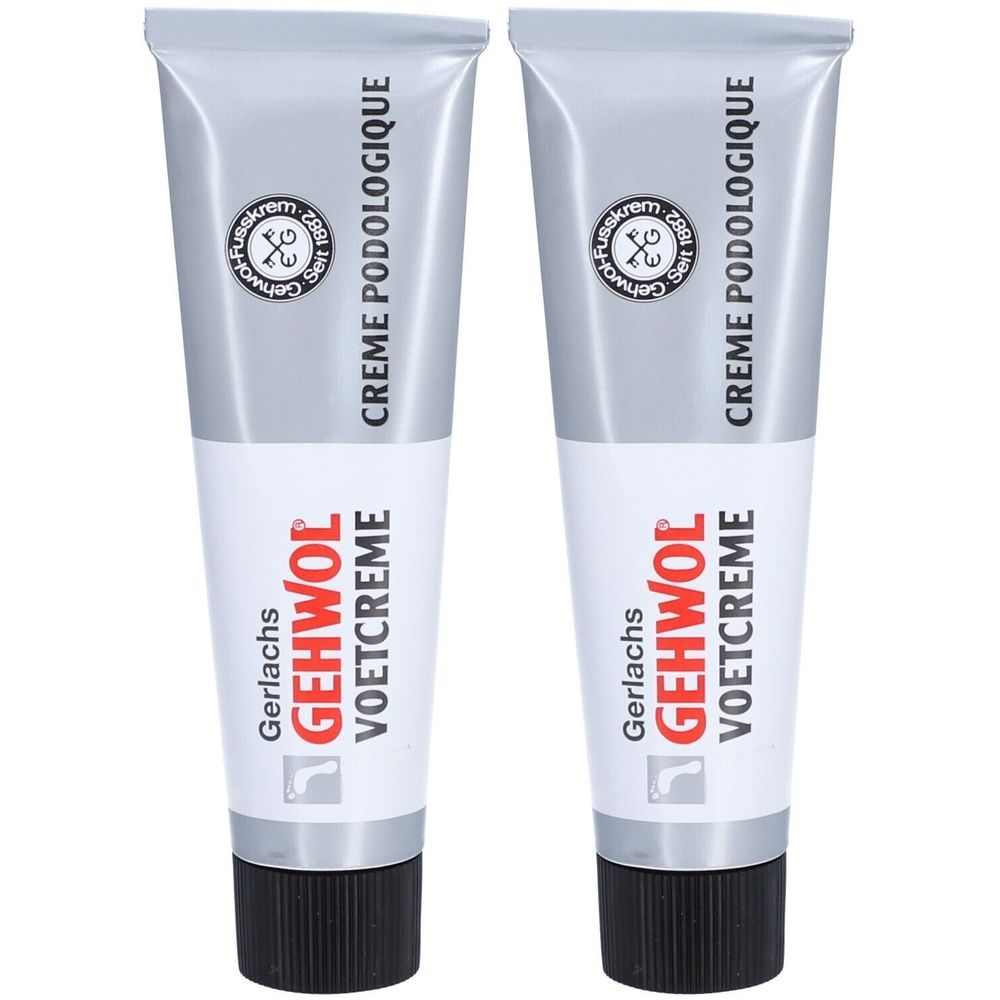 Deux tubes de crème pour les pieds Gehwol. Tubes argentés avec bouchon noir. Inscription : Gehwol Voetcreme, Crème Podologique.