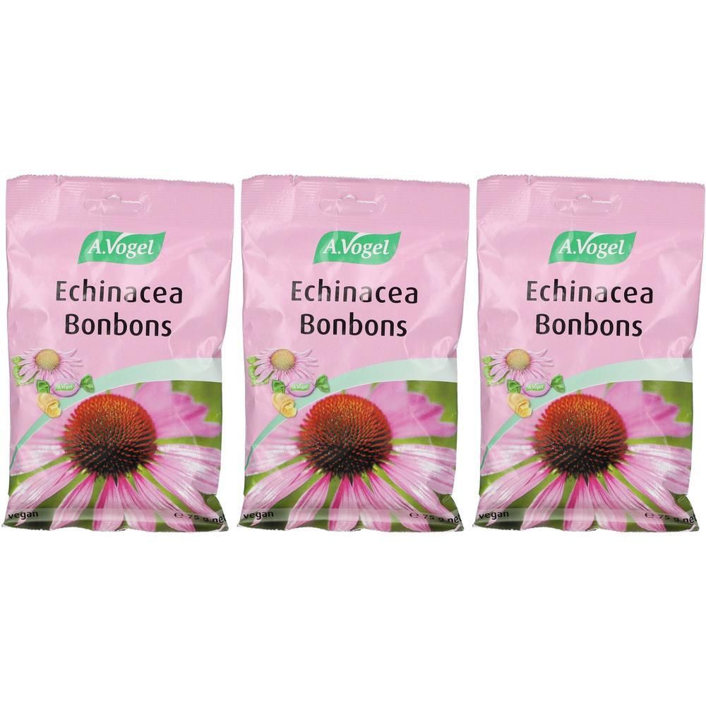 Trois sachets de bonbons A.Vogel Echina C. Emballage rose avec nom du produit et illustration florale.