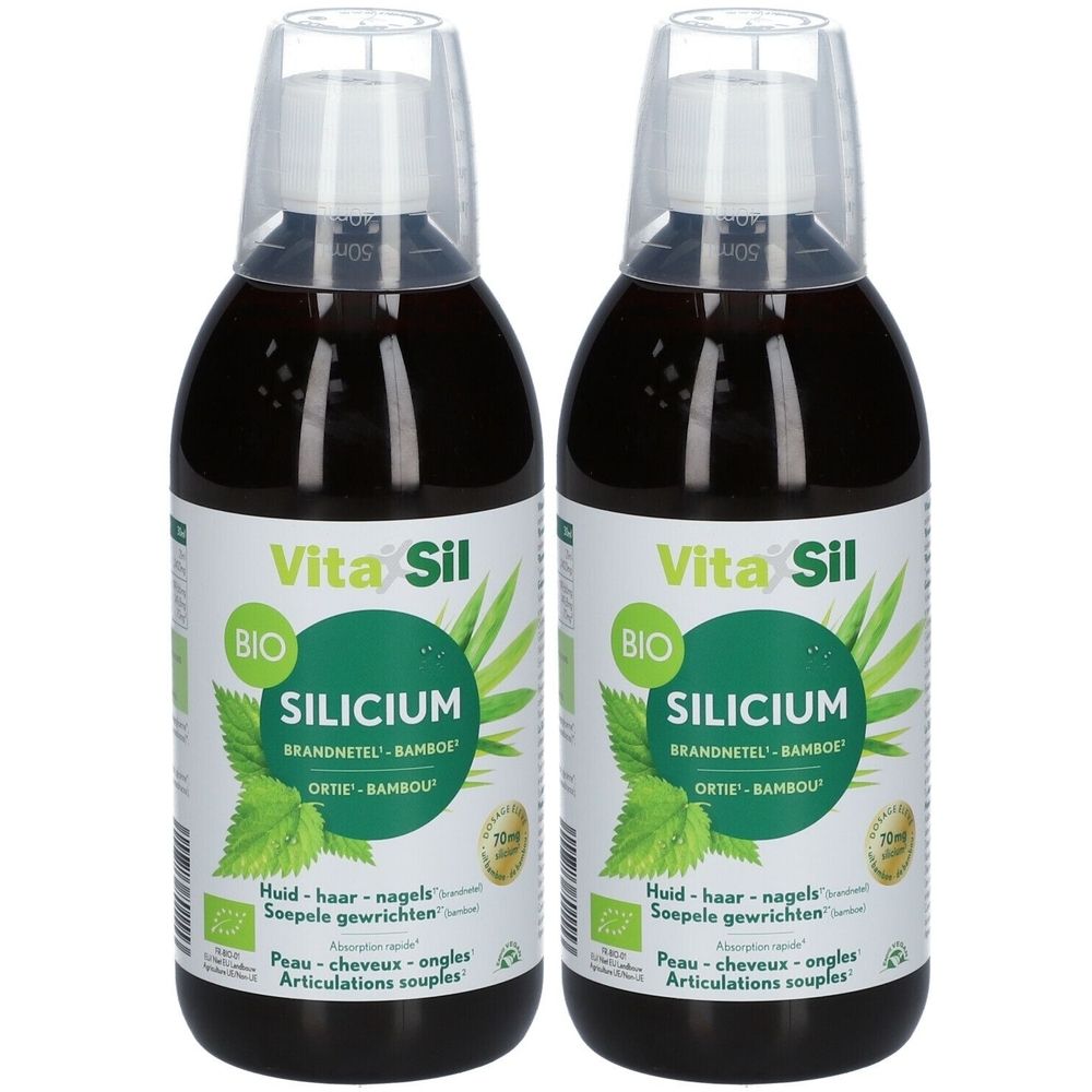 Deux bouteilles de Vita Sil Silicium. Chaque bouteille a un bouchon blanc et une étiquette avec des informations sur le produit. "BIO" est visible.