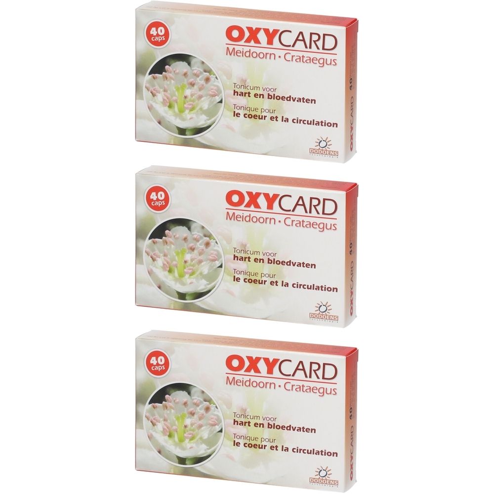 Trois boîtes Oxycard. Emballage rouge et blanc avec nom du produit, motif floral et texte en néerlandais et français.
