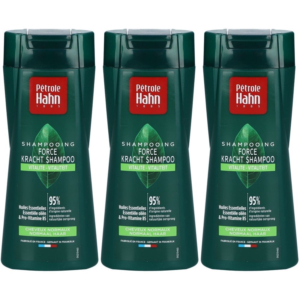 Trois flacons de shampooing vert. Inscription: Petrole Hahn, Shampooing Force Vitalité. Contient des huiles essentielles et Pro-Vitamine B5.