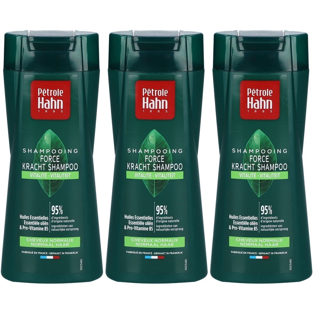 Trois flacons de shampooing vert. Inscription: Petrole Hahn, Shampooing Force Vitalité. Contient des huiles essentielles et Pro-Vitamine B5.