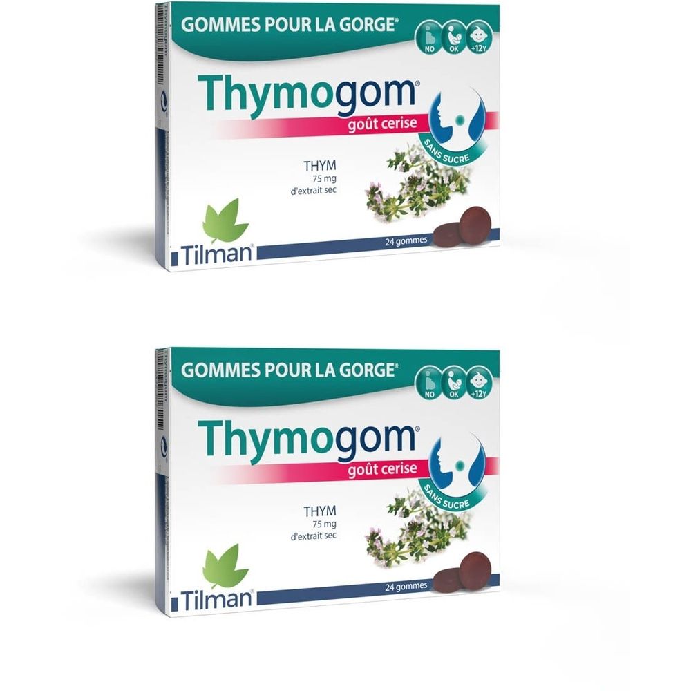 Deux boîtes de Thymogom, goût cerise. Boîtes blanches avec nom du produit, logo et 24 gommes. Inscriptions : TUM, 75 mg d'extrait sec.