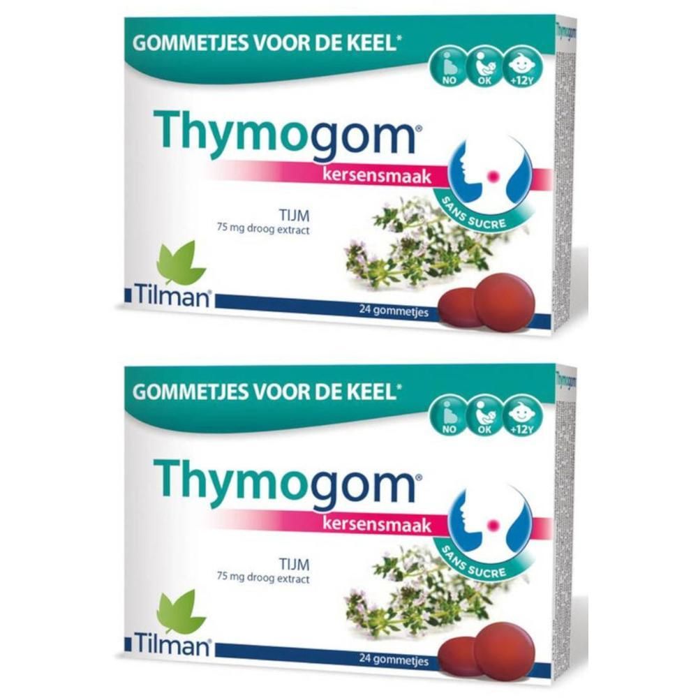 Deux boîtes de Thymogom, goût cerise. Boîtes blanches avec nom du produit, logo et 24 gommes. Inscriptions : TUM, 75 mg d'extrait sec.