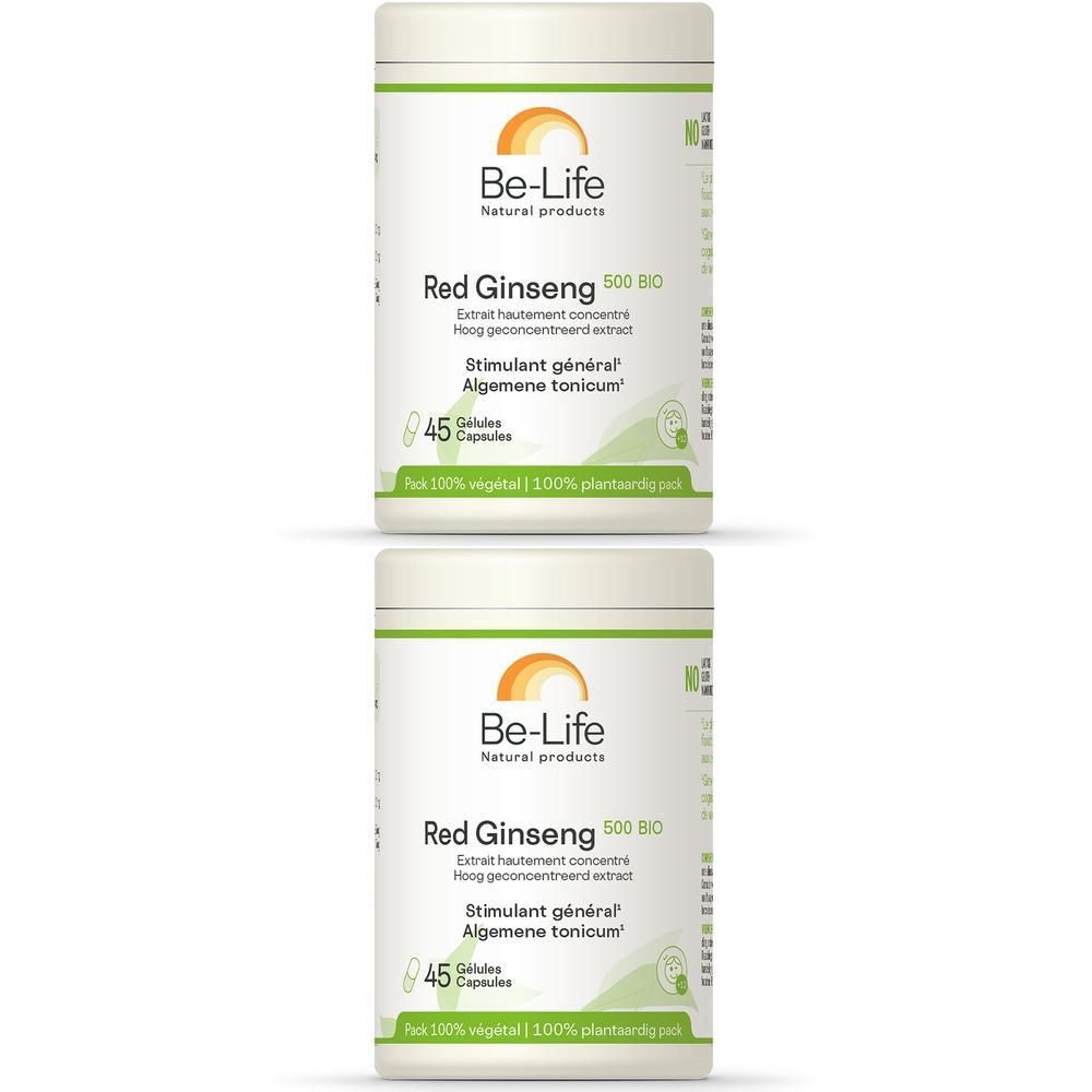 Deux flacons blancs "Be-Life Red Ginseng 500 BIO". Contient 45 gélules. Étiquette verte et orange.