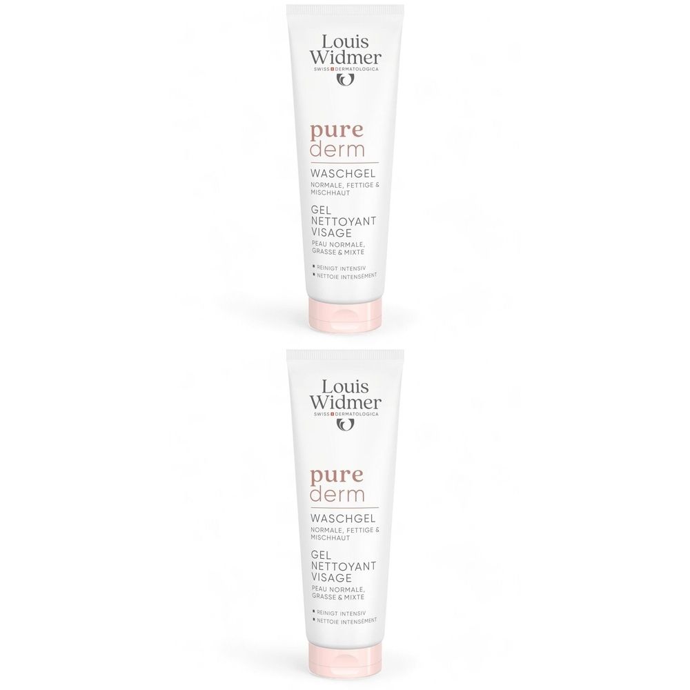 Deux tubes de gel nettoyant visage Louis Widmer Purederm. Blanc, bouchon rose. Texte: pure derm, Waschgel, Gel nettoyant visage.