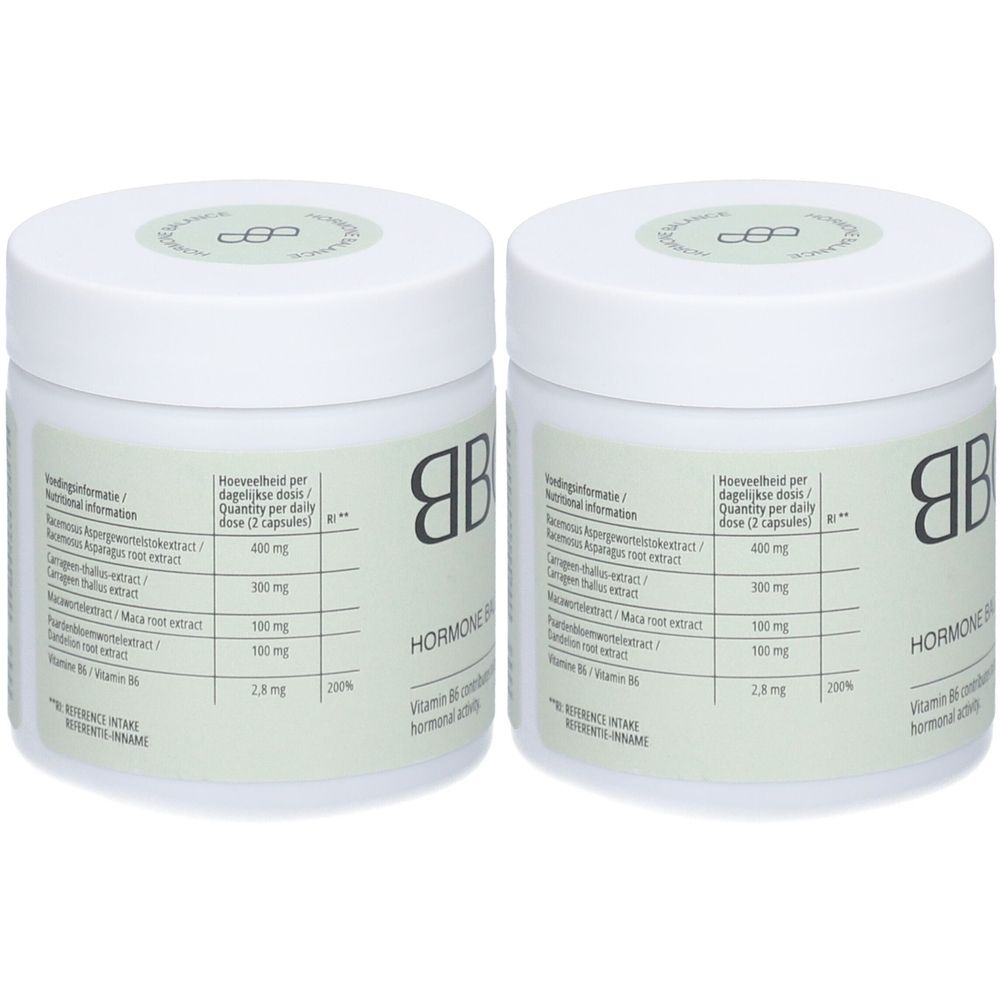 Deux pots blancs avec couvercles verts. Inscription: BBODY Hormonhaushalt. Tableau des informations nutritionnelles.