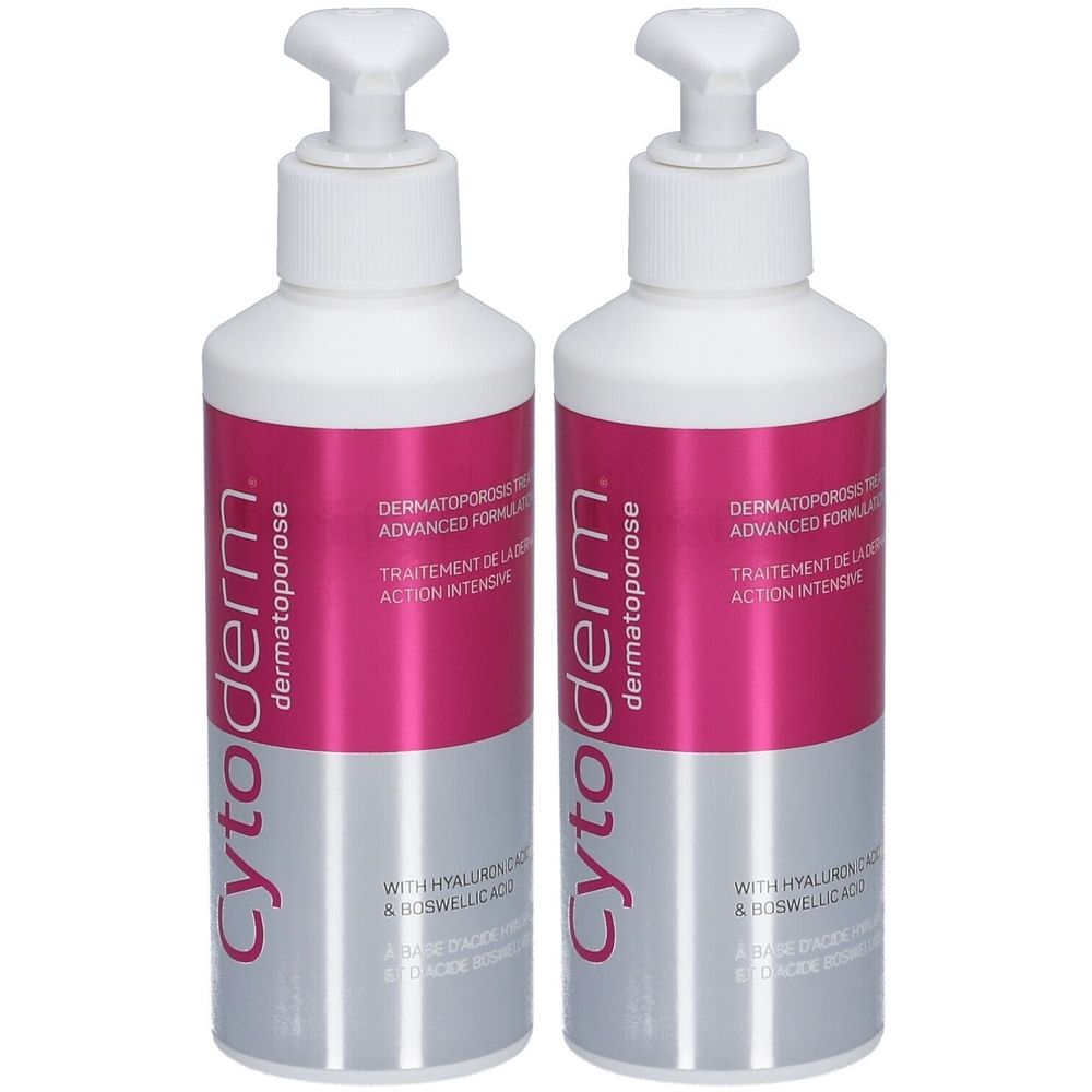 Deux flacons de crème Cytoderm Dermatoporose avec pompe doseuse. Étiquettes roses et blanches avec informations.