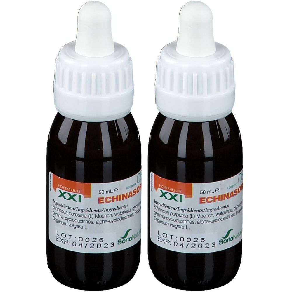 Deux flacons d'Echinasor XXI Soria Natural. Liquide brun, bouchons blancs avec pipettes. Étiquettes avec texte.