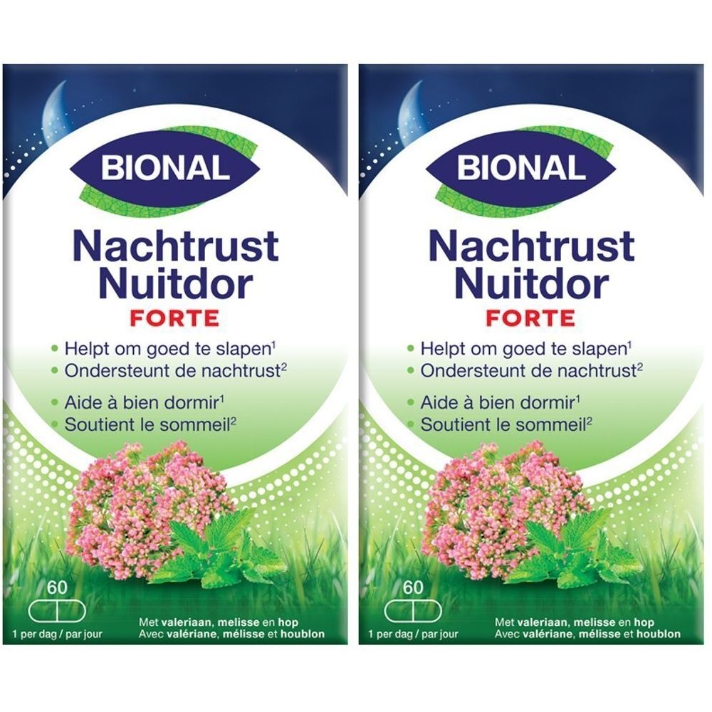 Deux paquets Bional Nachtrust Nuitdor Forte. Emballage bleu et blanc avec nom du produit et illustration florale.