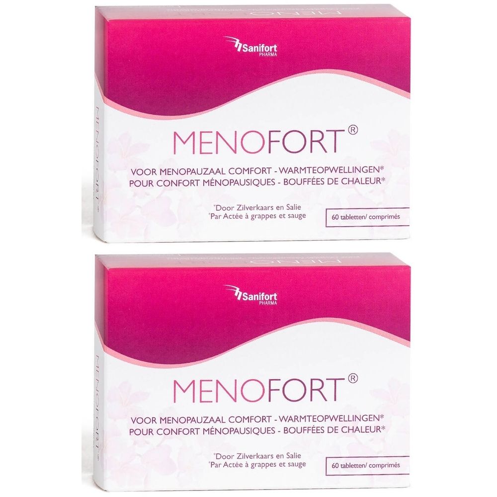 Deux boîtes de MENOFORT®. Boîtes blanches et roses avec nom et texte du produit. 60 comprimés par boîte.